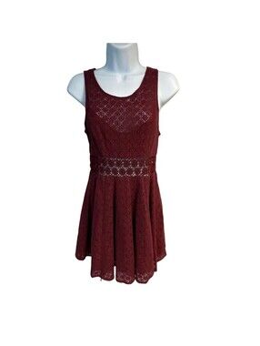 Free People Lace Dress Womens 0 Burgundy Crochet Fit Flare Boho Skater Whimsy